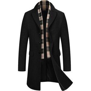Men's Black Trench Overcoat Wool Blend Coat with Detachable  Single Breasted